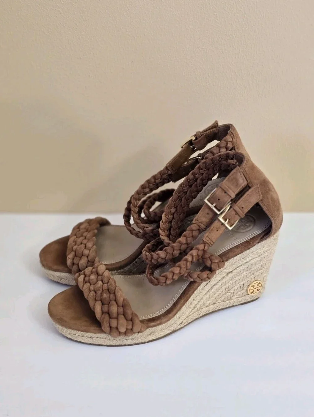 Tory Burch Bailey Suede Leather Espadrille Platform Wedge Brown 7 Ankle Straps